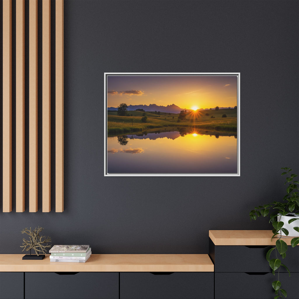 Framed Matte Canvas Sunset Landscape — Serene Lake Reflection Wall Art