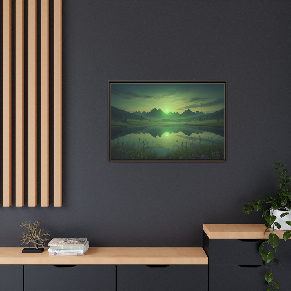 Framed Matte Canvas Print — Serene Green Mountain Lake Landscape