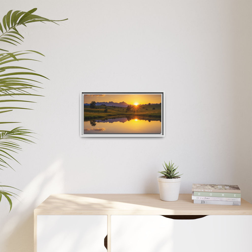 Framed Matte Canvas Sunset Landscape — Serene Lake Reflection Wall Art