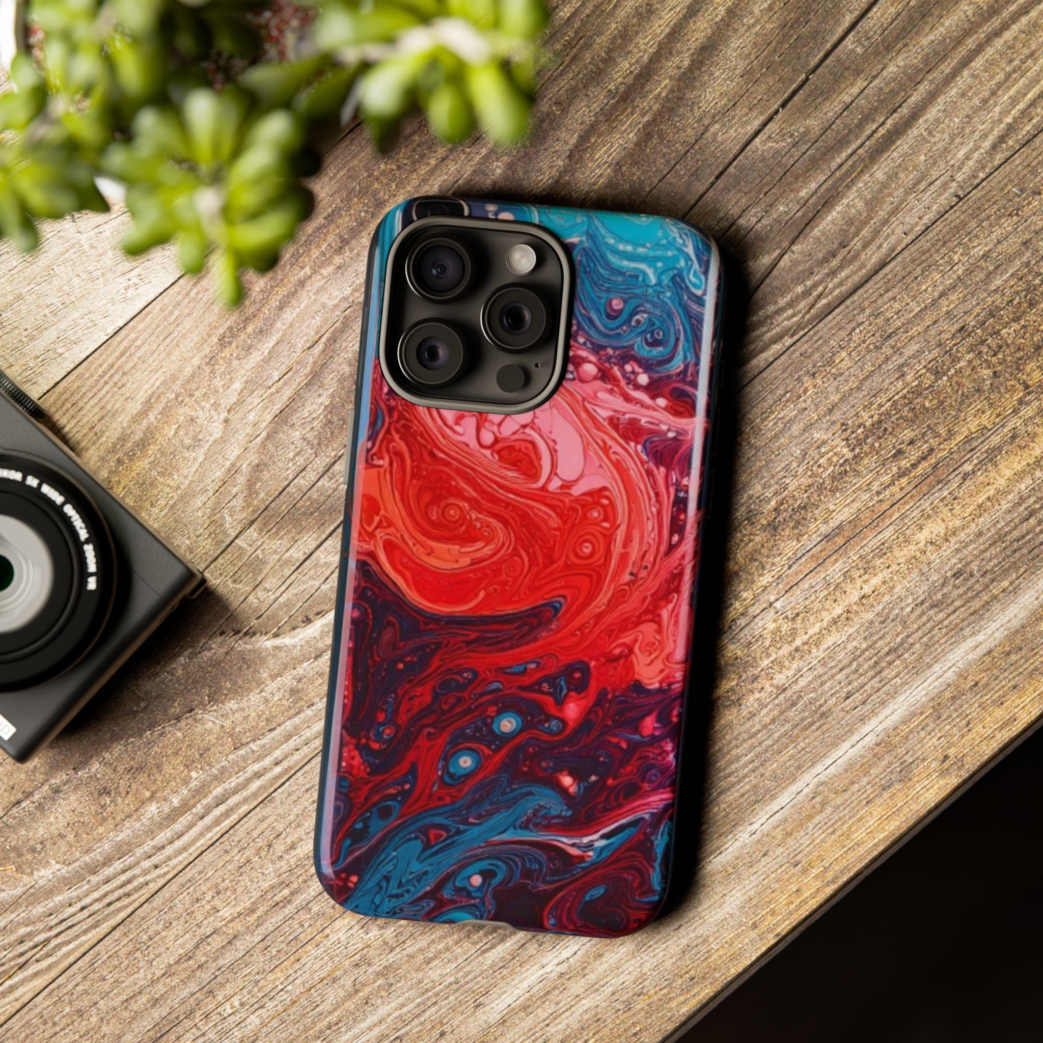 Abstract Red & Blue Swirl Tough Phone Case — Protective iPhone Cover with Fluid Art Design