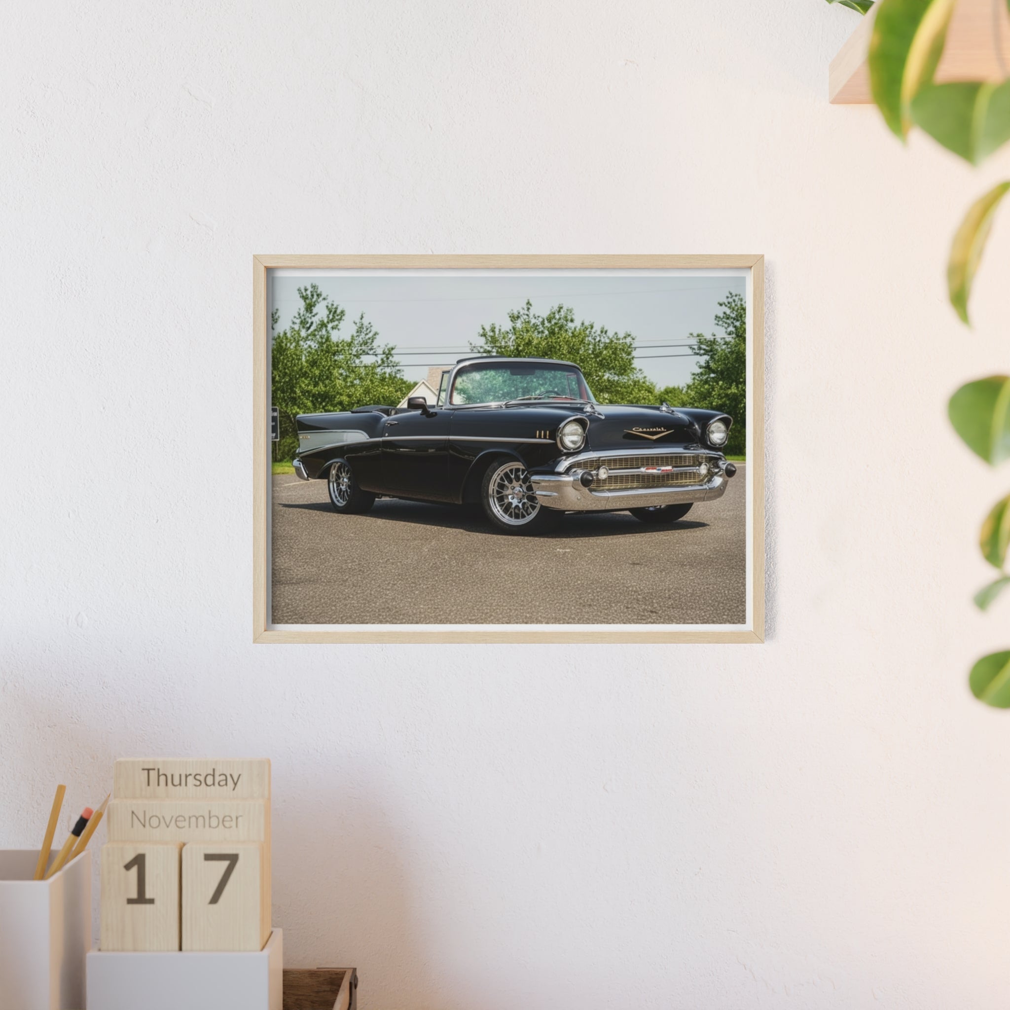 Classic Black 1957 Chevy Poster with Wooden Frame — Vintage Car Wall Art