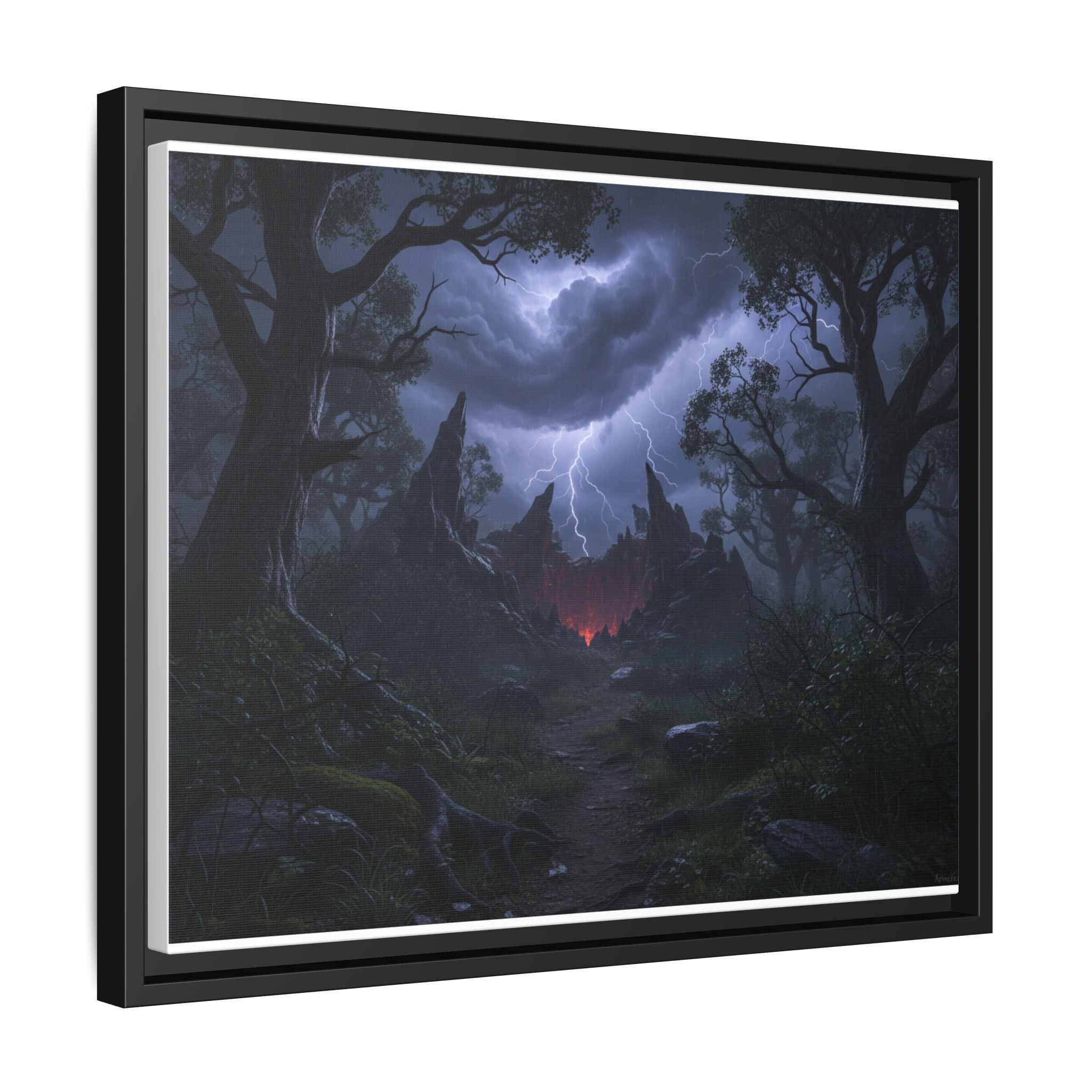 Dark Storm Forest Framed Canvas Print — Lightning, Haunted Castle Art