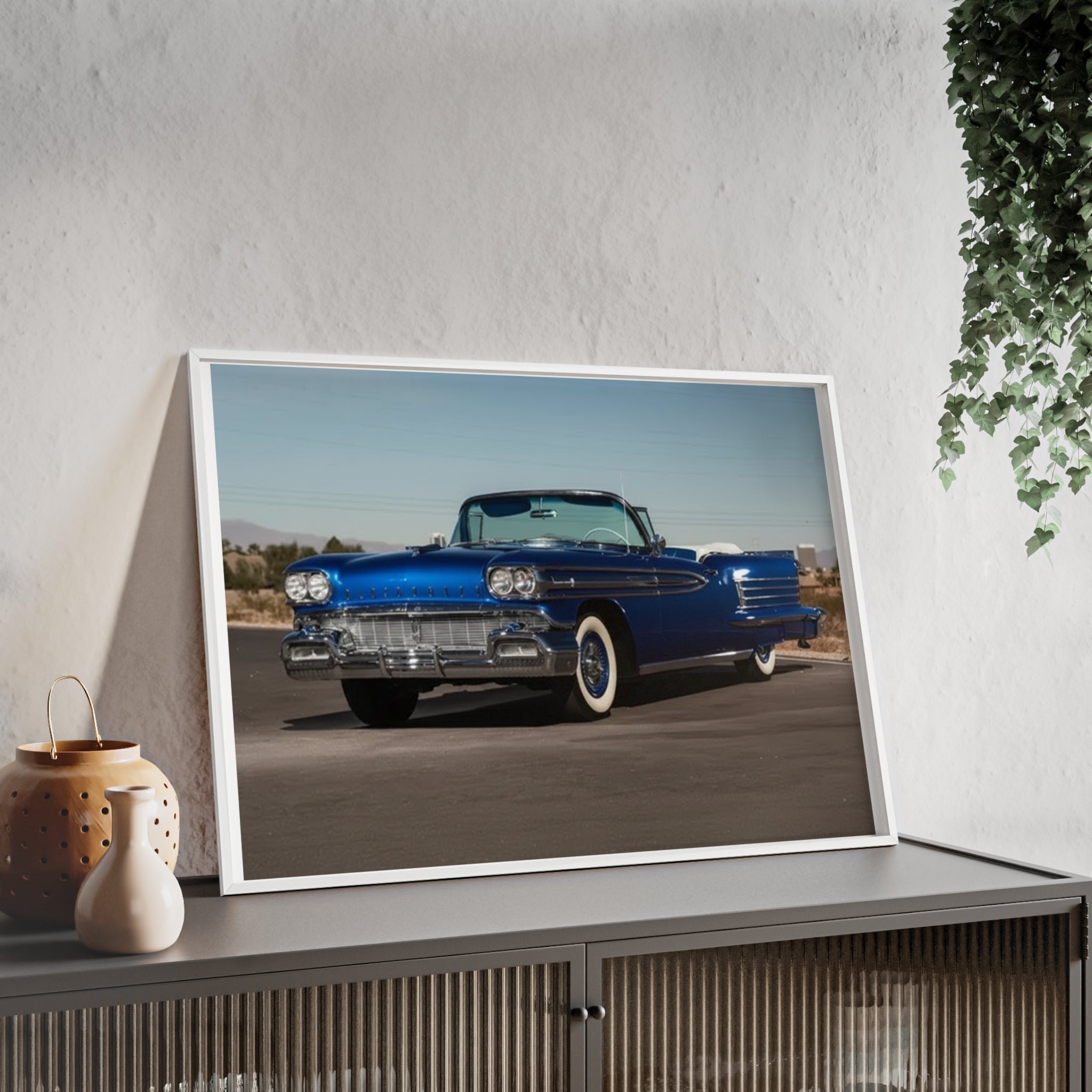 Framed Vintage Blue Classic Car Poster — Retro Automobile Wall Art