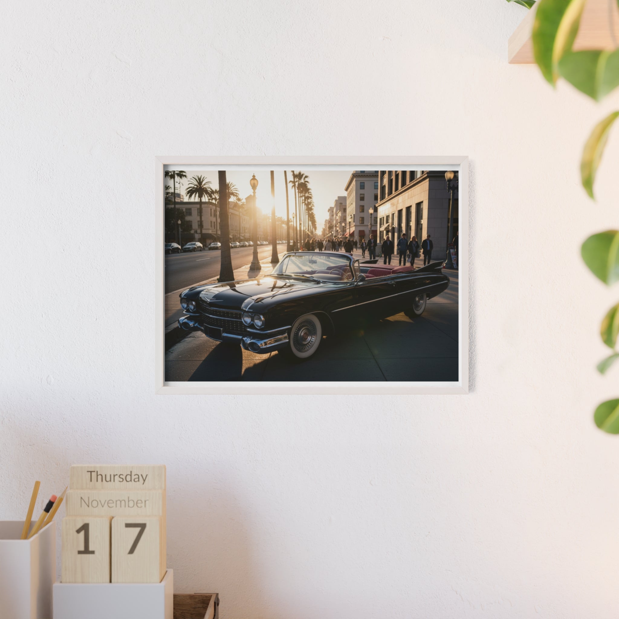 Vintage Convertible Sunset Poster with Wooden Frame