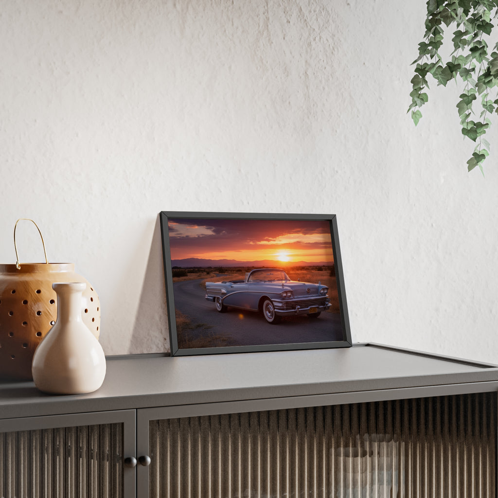 Vintage Convertible Sunset Poster with Wooden Frame