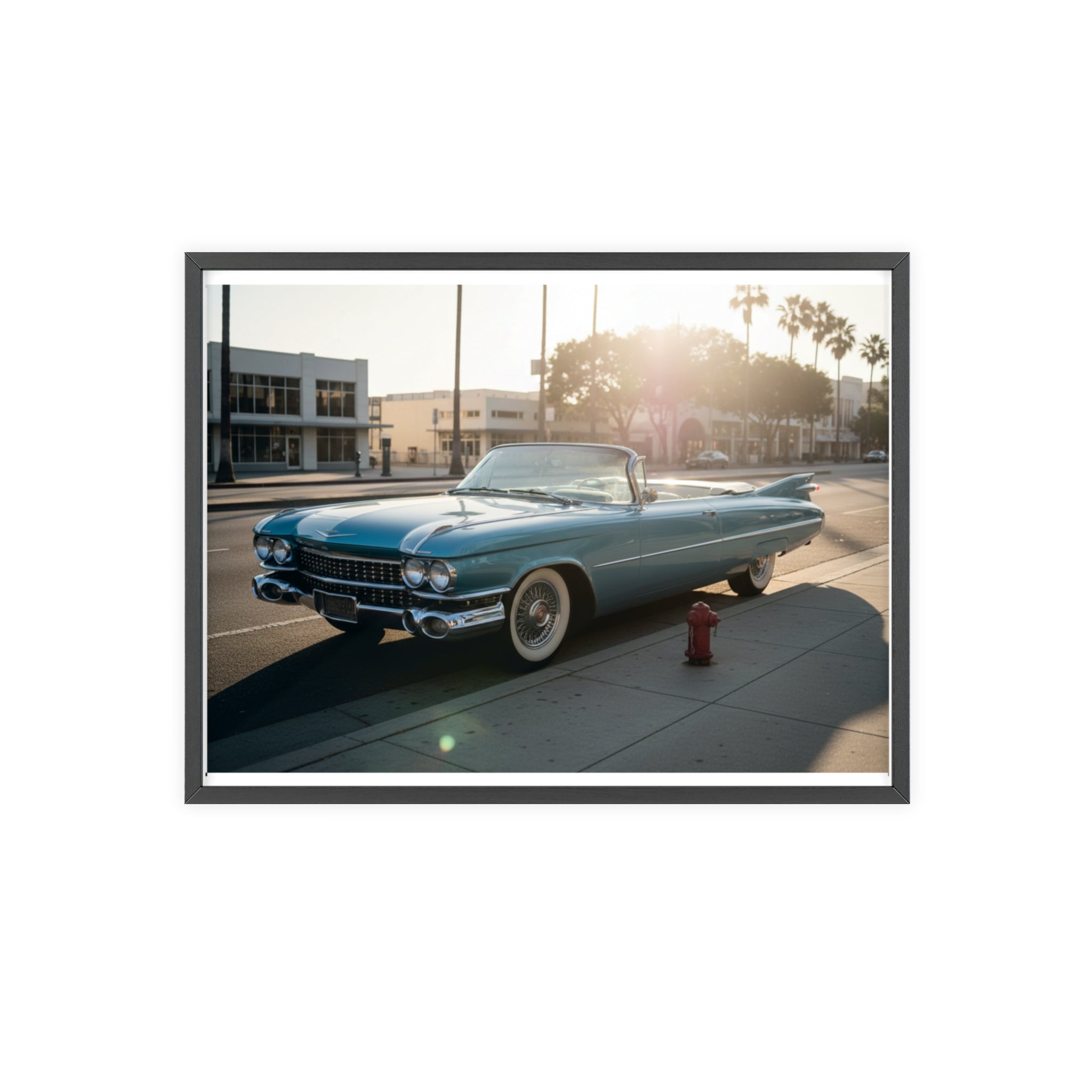 Vintage Blue Cadillac Poster with Wooden Frame – Retro Car Wall Art