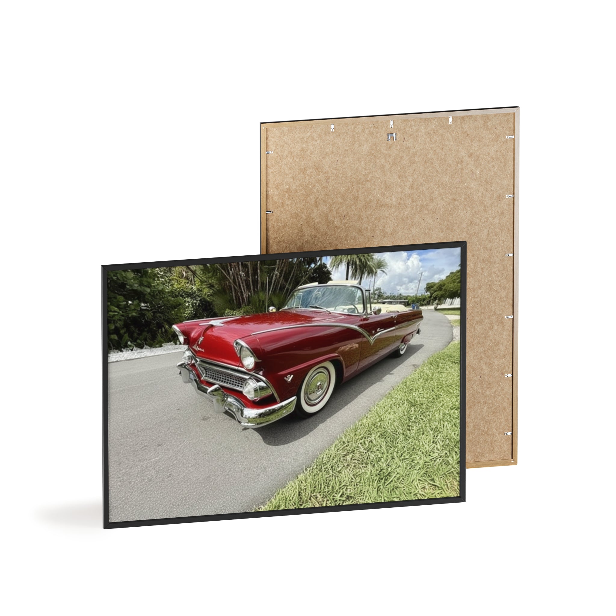 Vintage Red Convertible Poster with Wooden Frame — Classic Car Wall Art