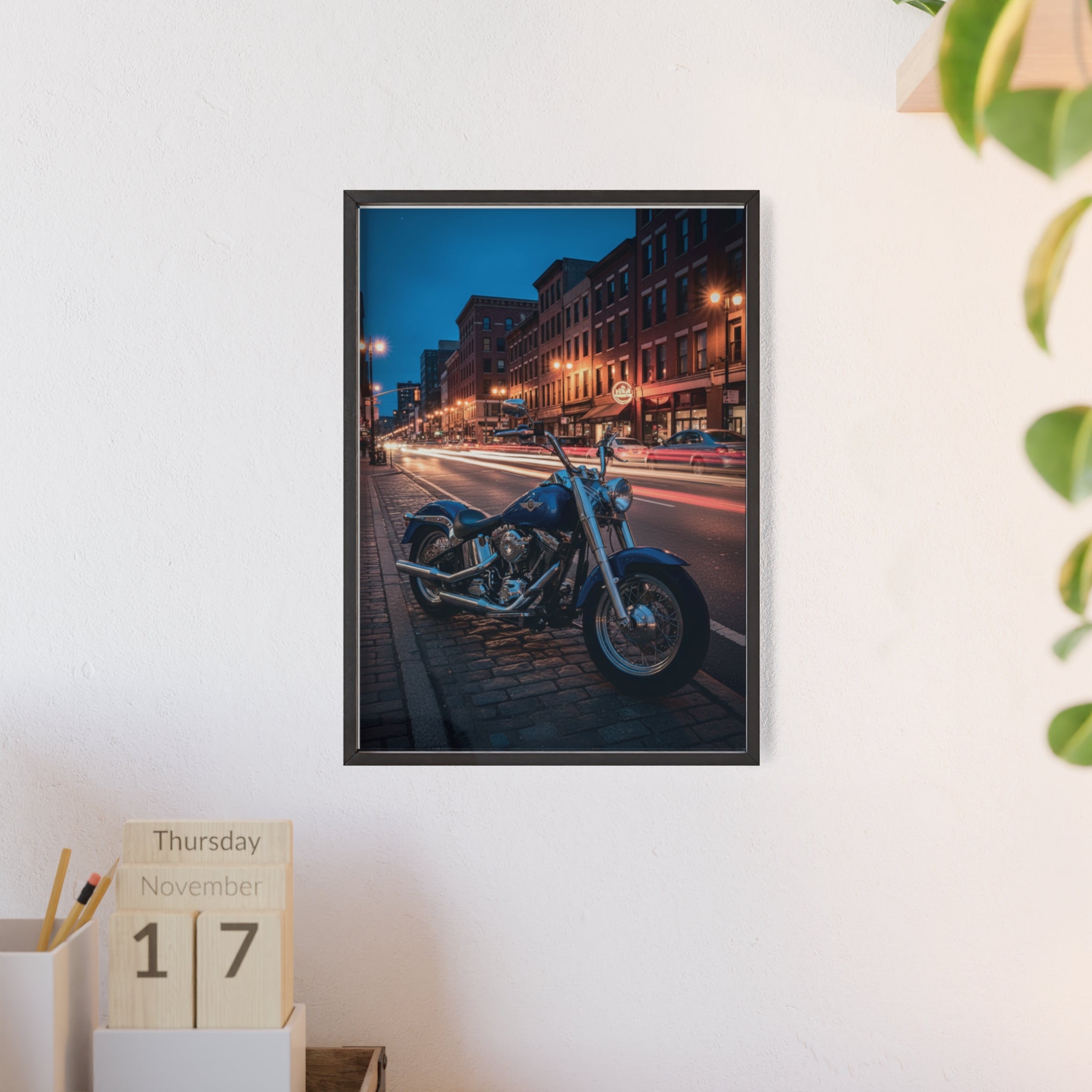 Framed Motorcycle Poster — Night City Street Bike Wall Art