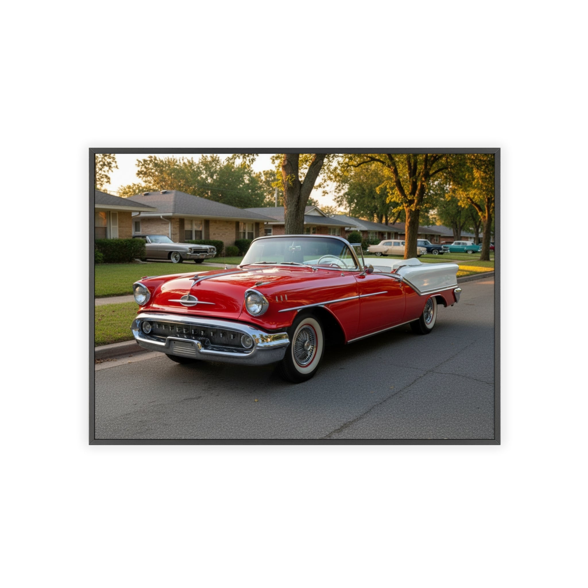 Vintage Red Convertible Poster with Wooden Frame — Classic Car Wall Art