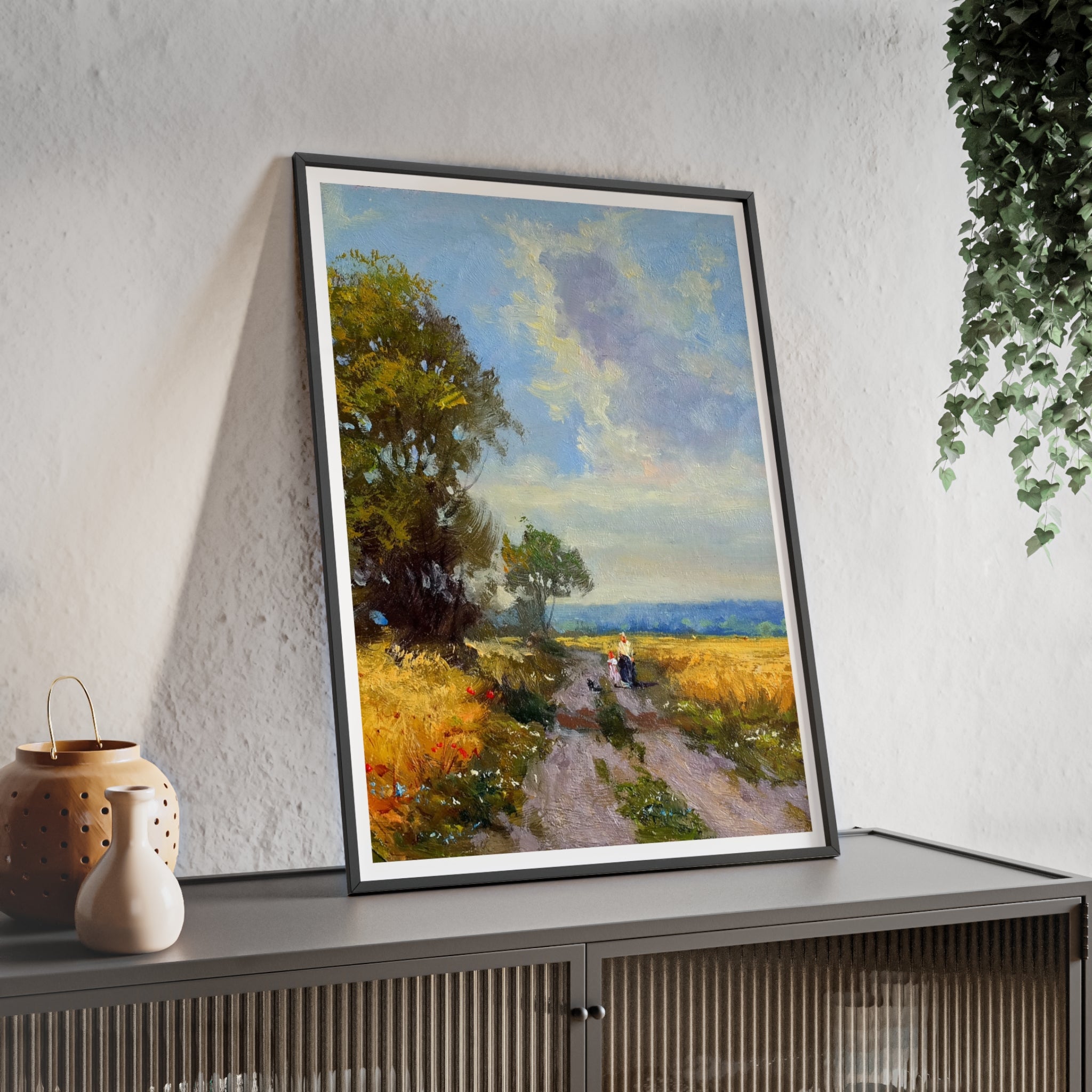 Framed Countryside Landscape Poster — Rustic Wooden Frame Wall Art