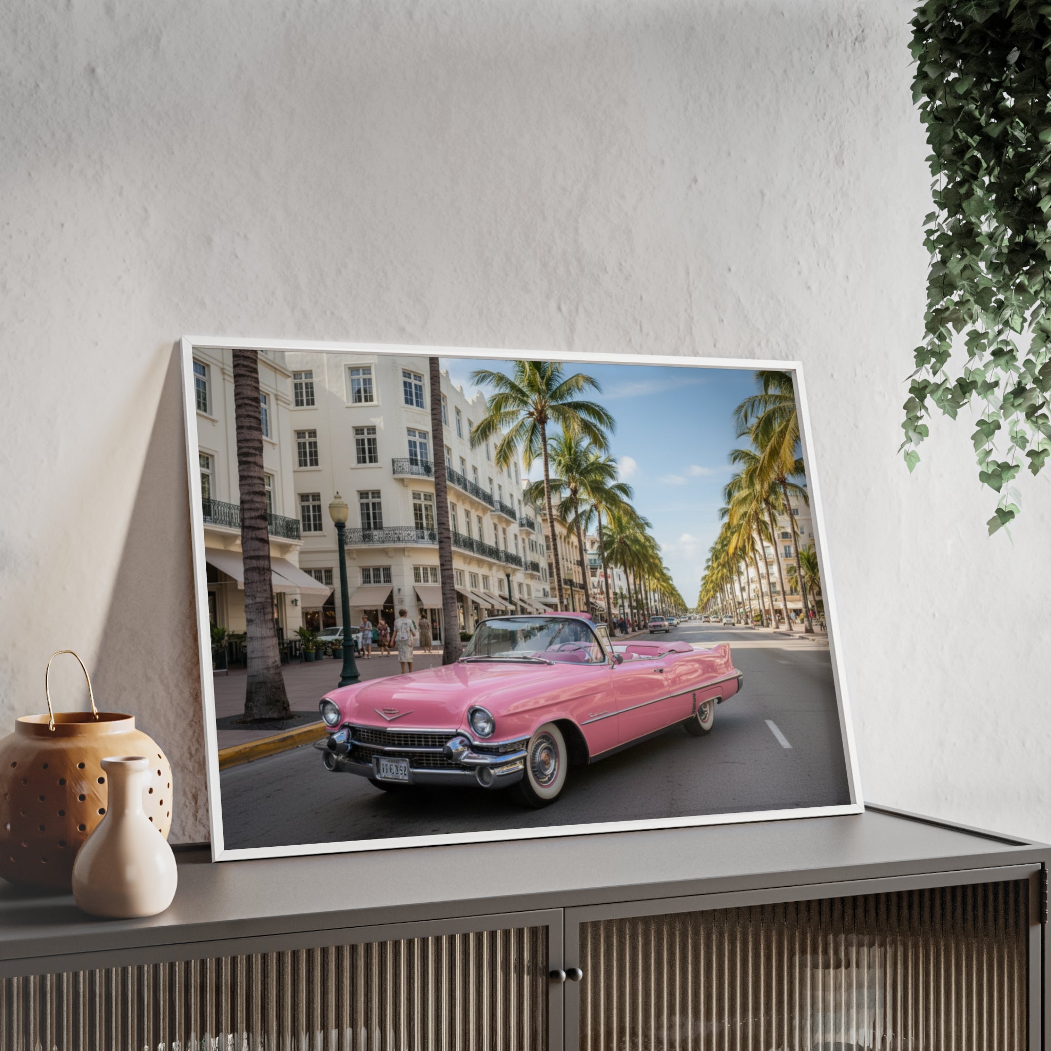 Vintage Pink Cadillac Wall Poster with Wooden Frame — Retro Miami Palm Street Photography