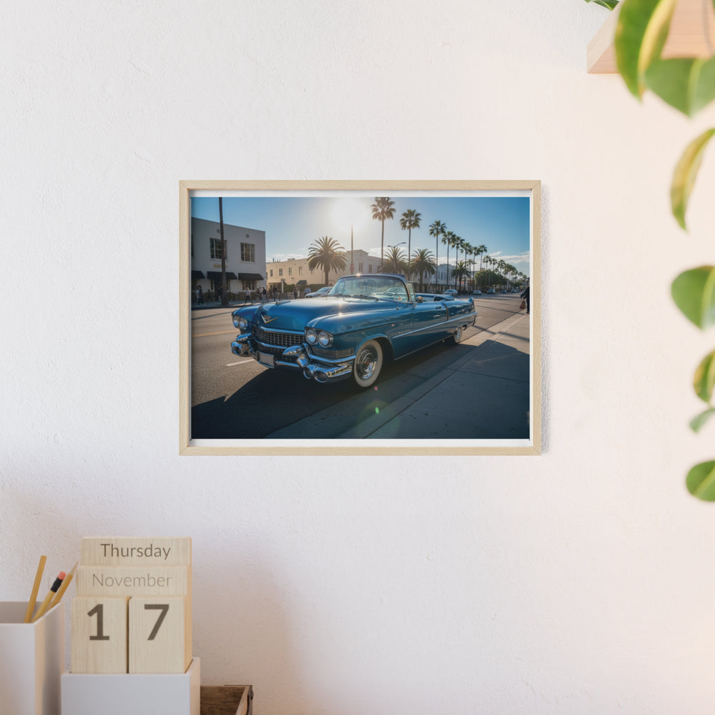 Framed Vintage Cadillac Poster – Retro Palm-Tree Coastal Car Wall Art