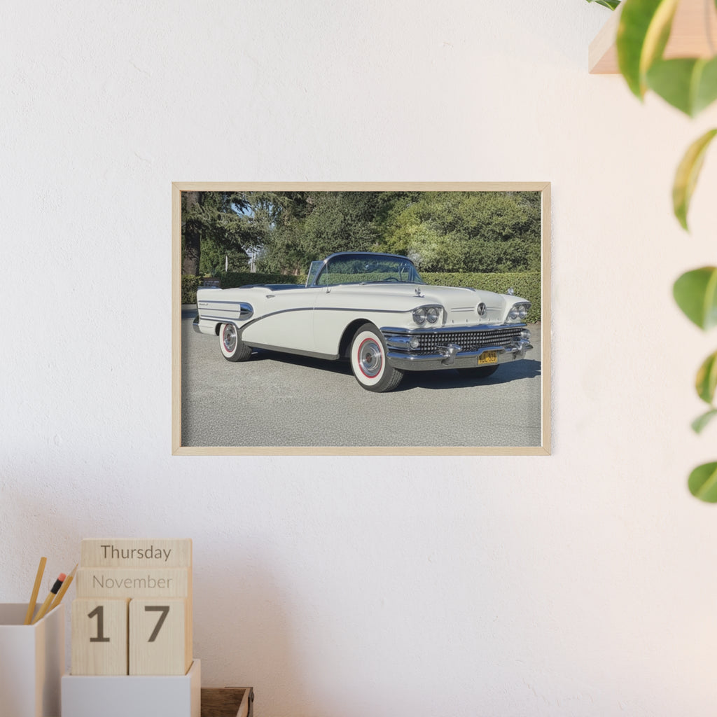 Classic White Convertible Car Poster with Wooden Frame — Vintage Auto Wall Art