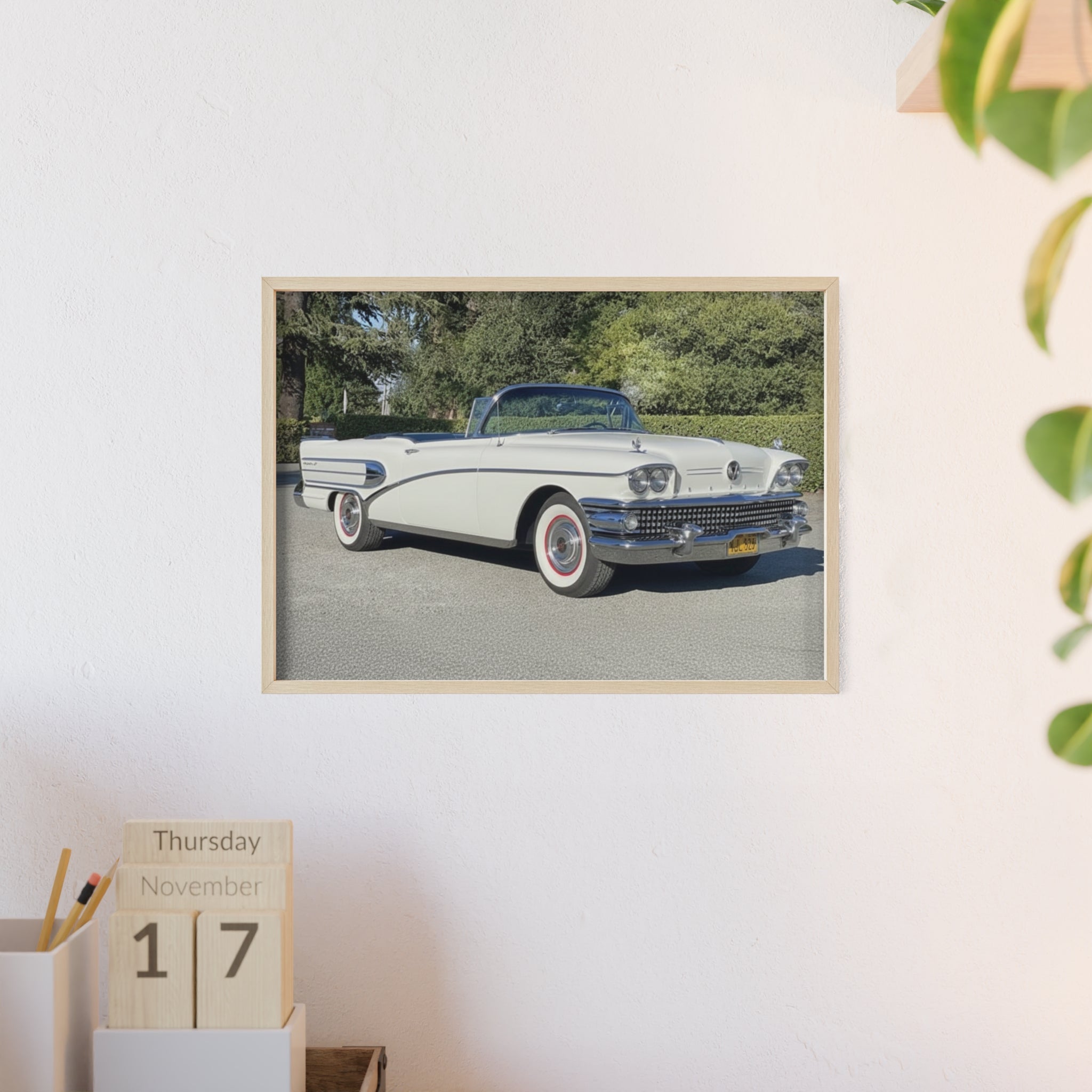 Classic White Convertible Car Poster with Wooden Frame — Vintage Auto Wall Art