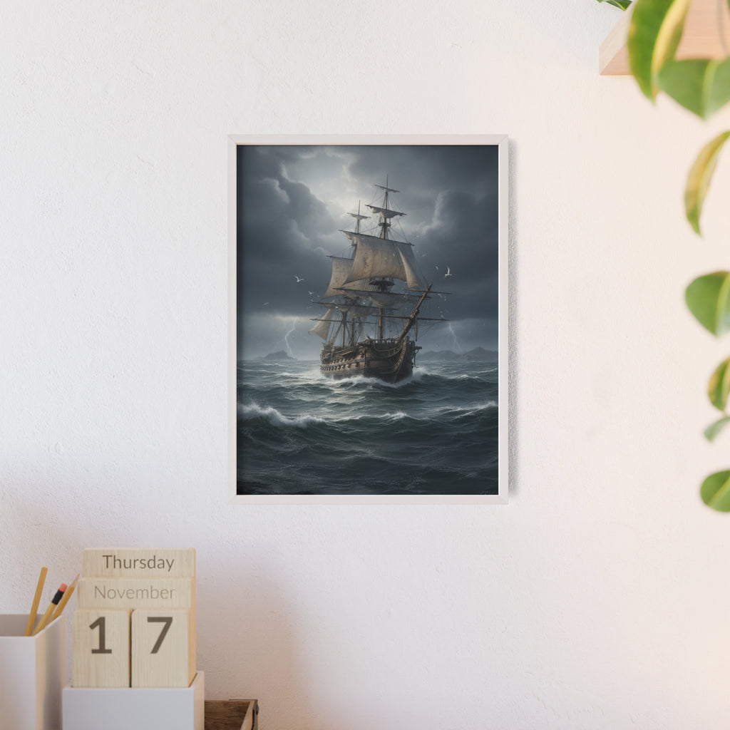 Framed Stormy Sea Ship Poster — Nautical Wall Art with Wooden Frame