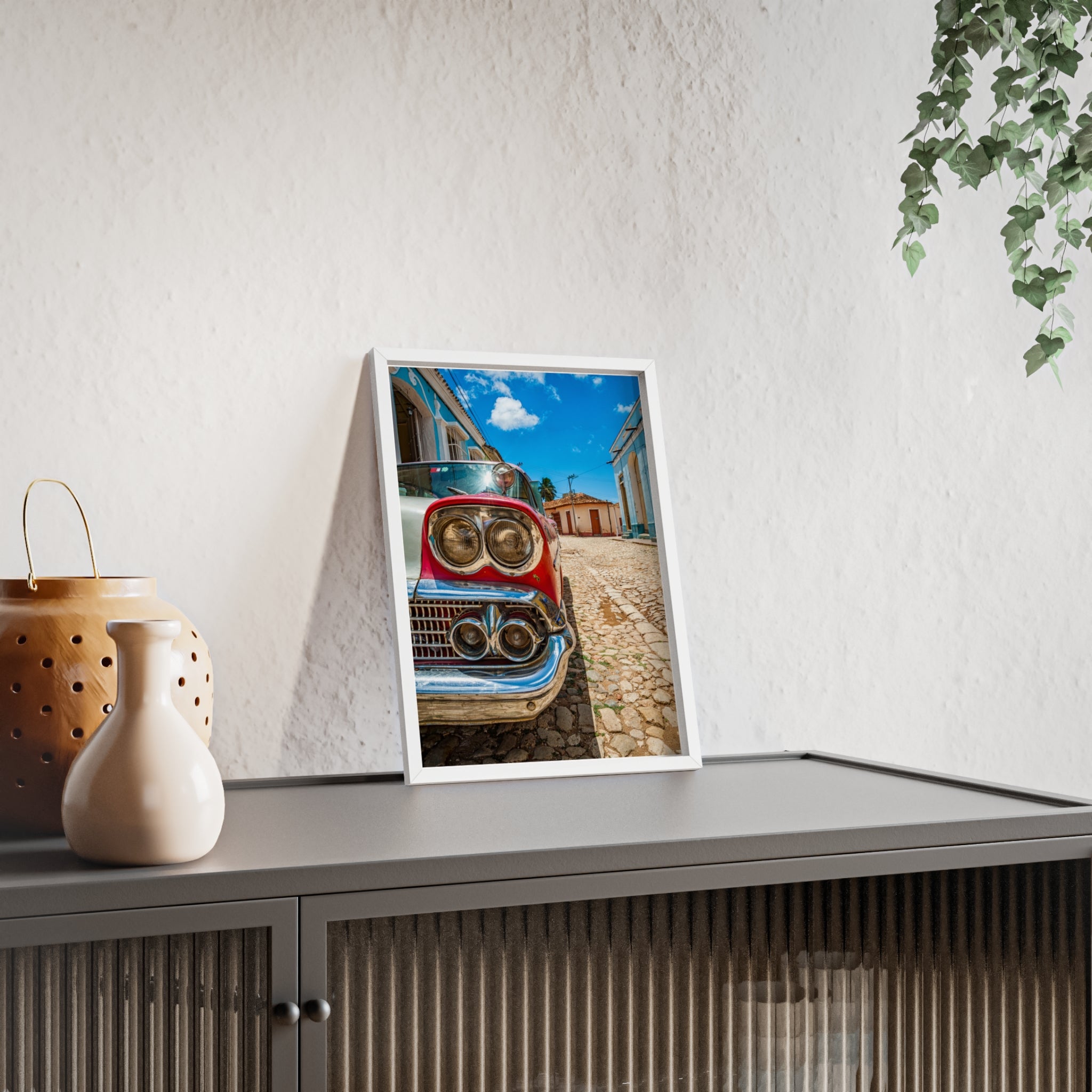 Vintage Classic Car Poster with Wooden Frame — Retro Cuba Street Photography Wall Art