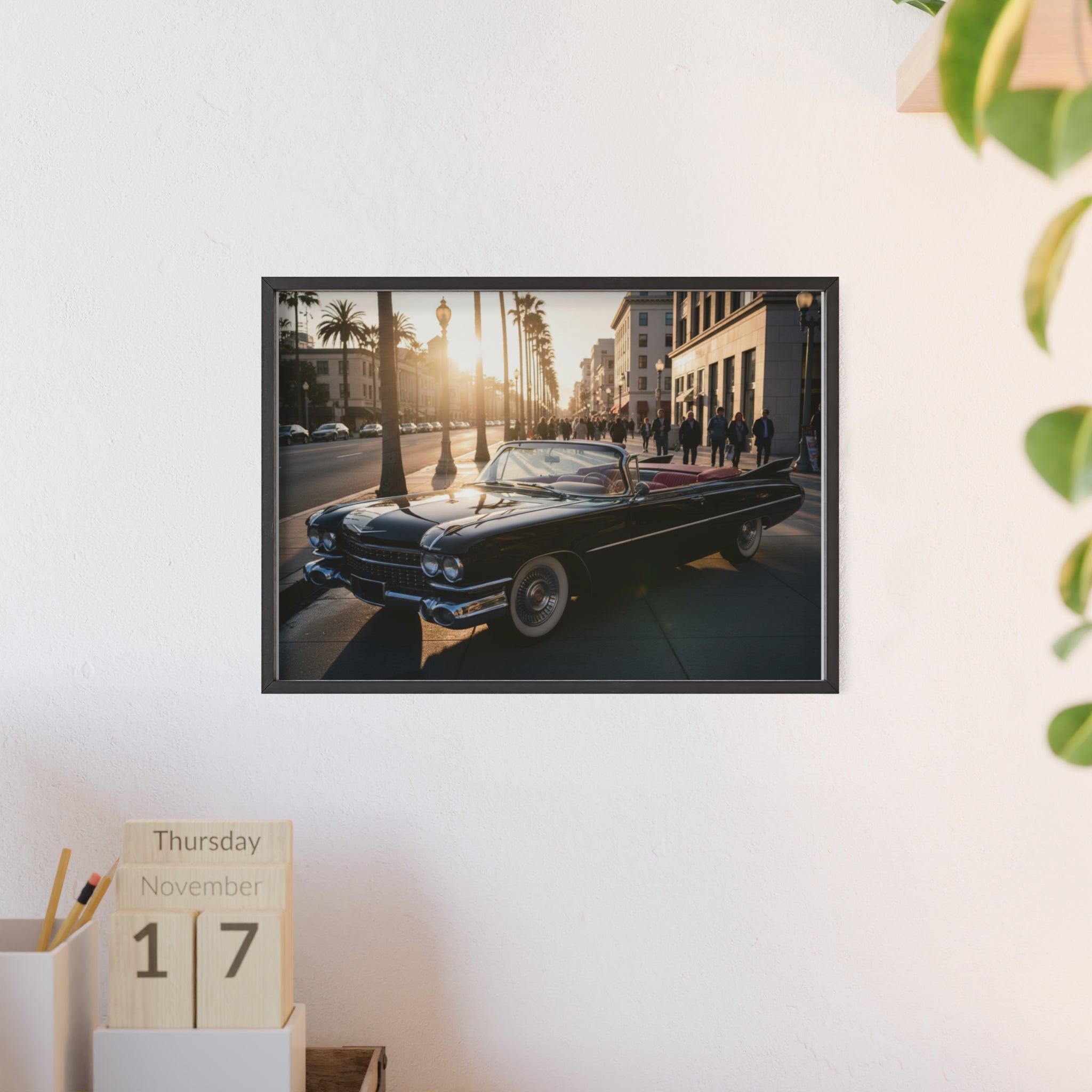 Vintage Convertible Sunset Poster with Wooden Frame