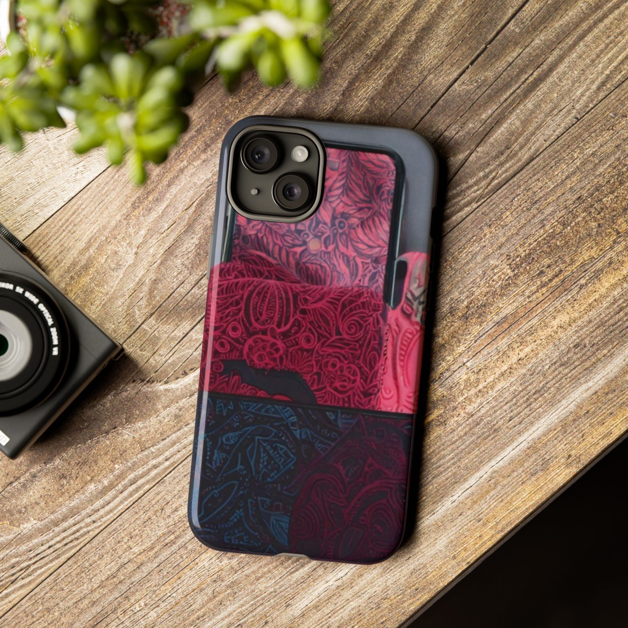 Floral Patchwork Tough Phone Case — Pink & Navy Doodle Design