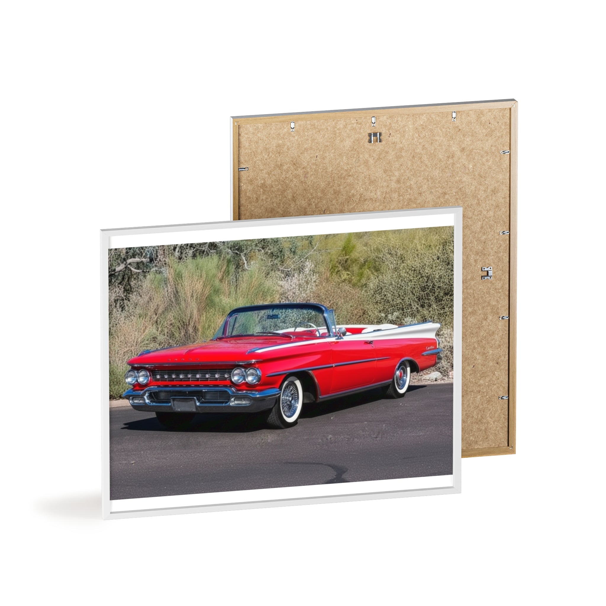 Vintage Red Convertible Car Poster with Wooden Frame — Classic Auto Wall Art