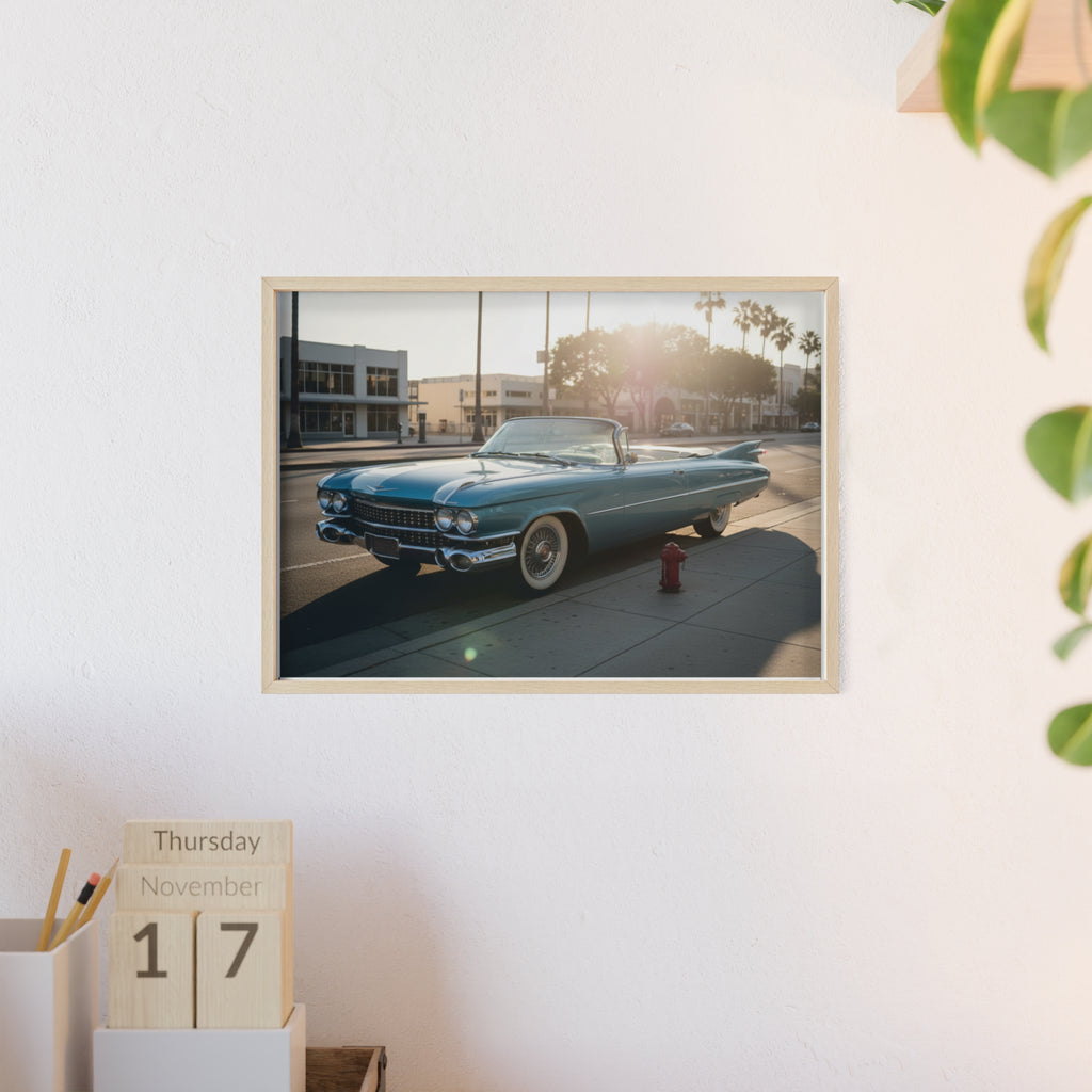 Vintage Blue Cadillac Poster with Wooden Frame – Retro Car Wall Art