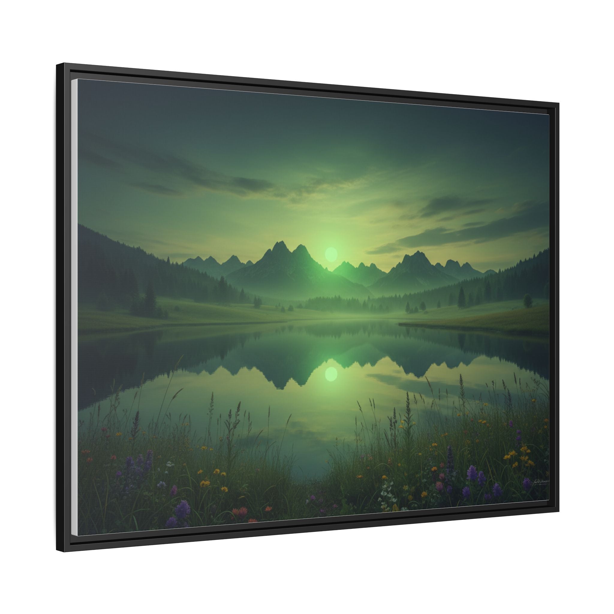 Framed Matte Canvas Print — Serene Green Mountain Lake Landscape