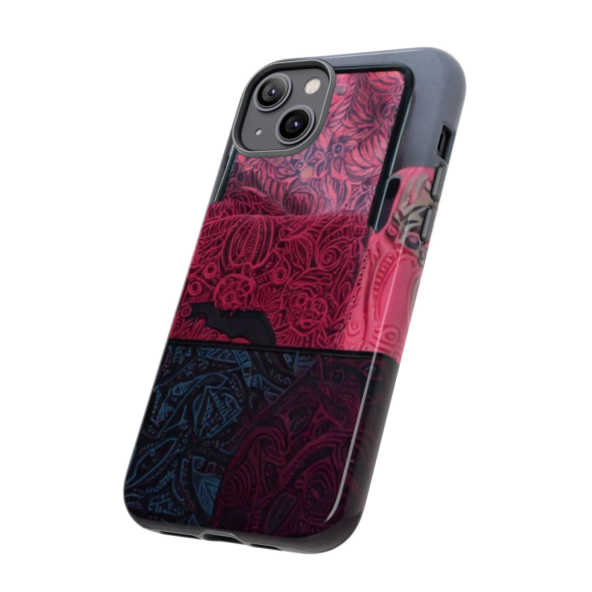 Floral Patchwork Tough Phone Case — Pink & Navy Doodle Design
