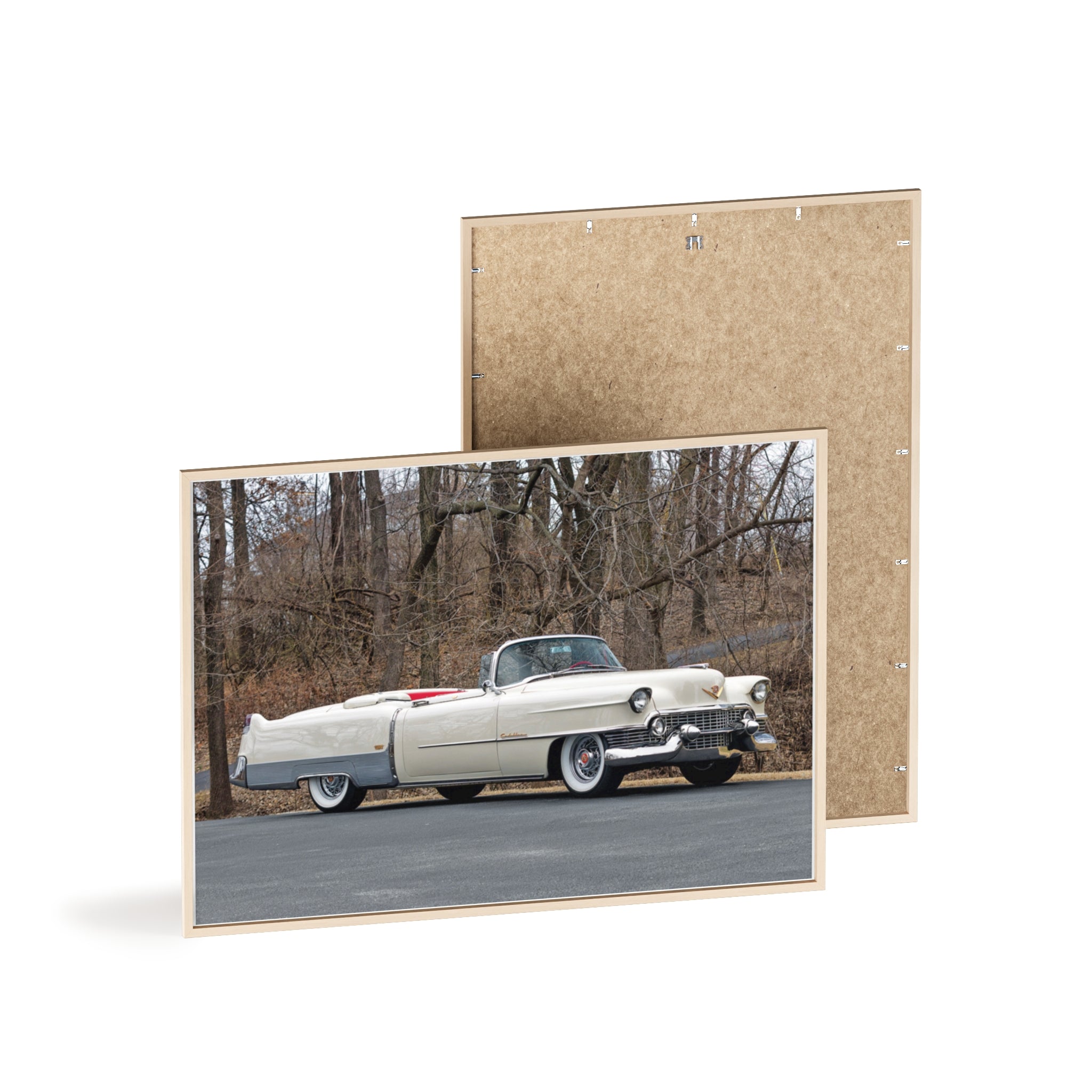 Vintage 1950s White Cadillac Poster with Wooden Frame - Classic Car Wall Art