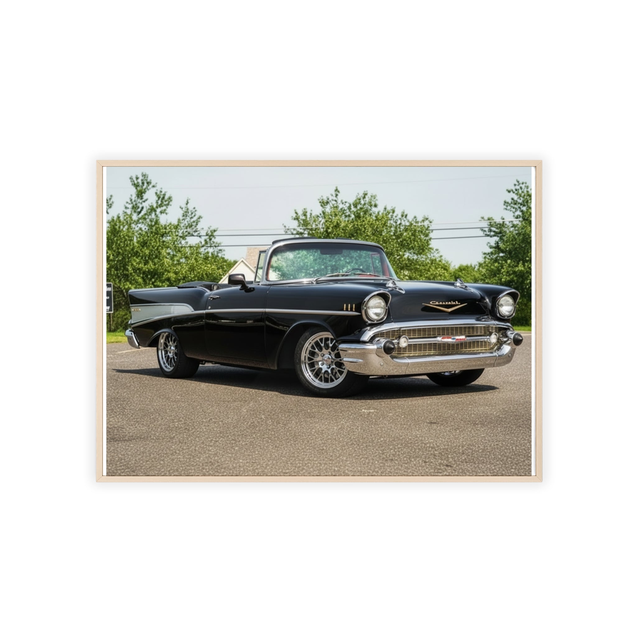 Classic Black 1957 Chevy Poster with Wooden Frame — Vintage Car Wall Art