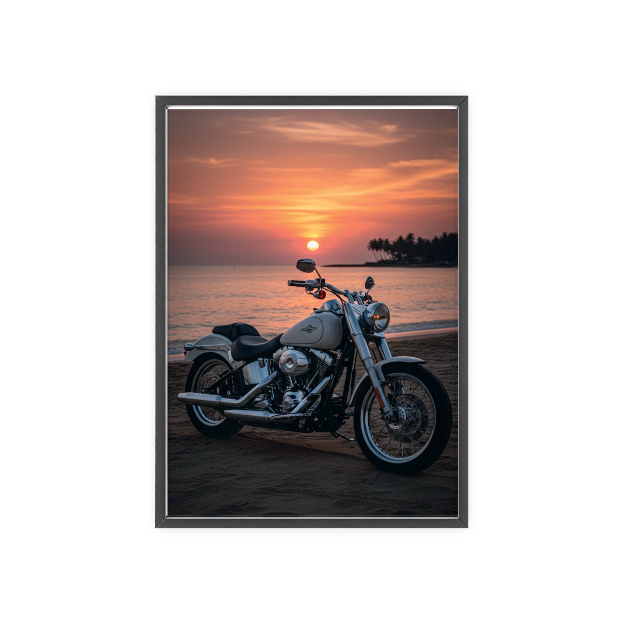 Sunset Beach Motorcycle Poster with Wooden Frame — Vintage Cruiser Wall Art