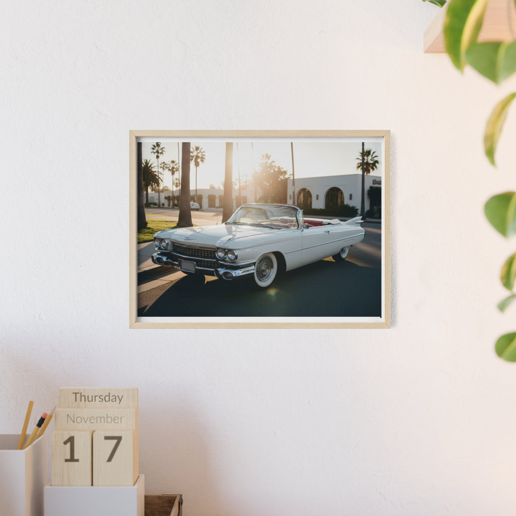 Vintage Cadillac Convertible Poster with Wooden Frame — Retro Palm Trees Sunset Wall Art