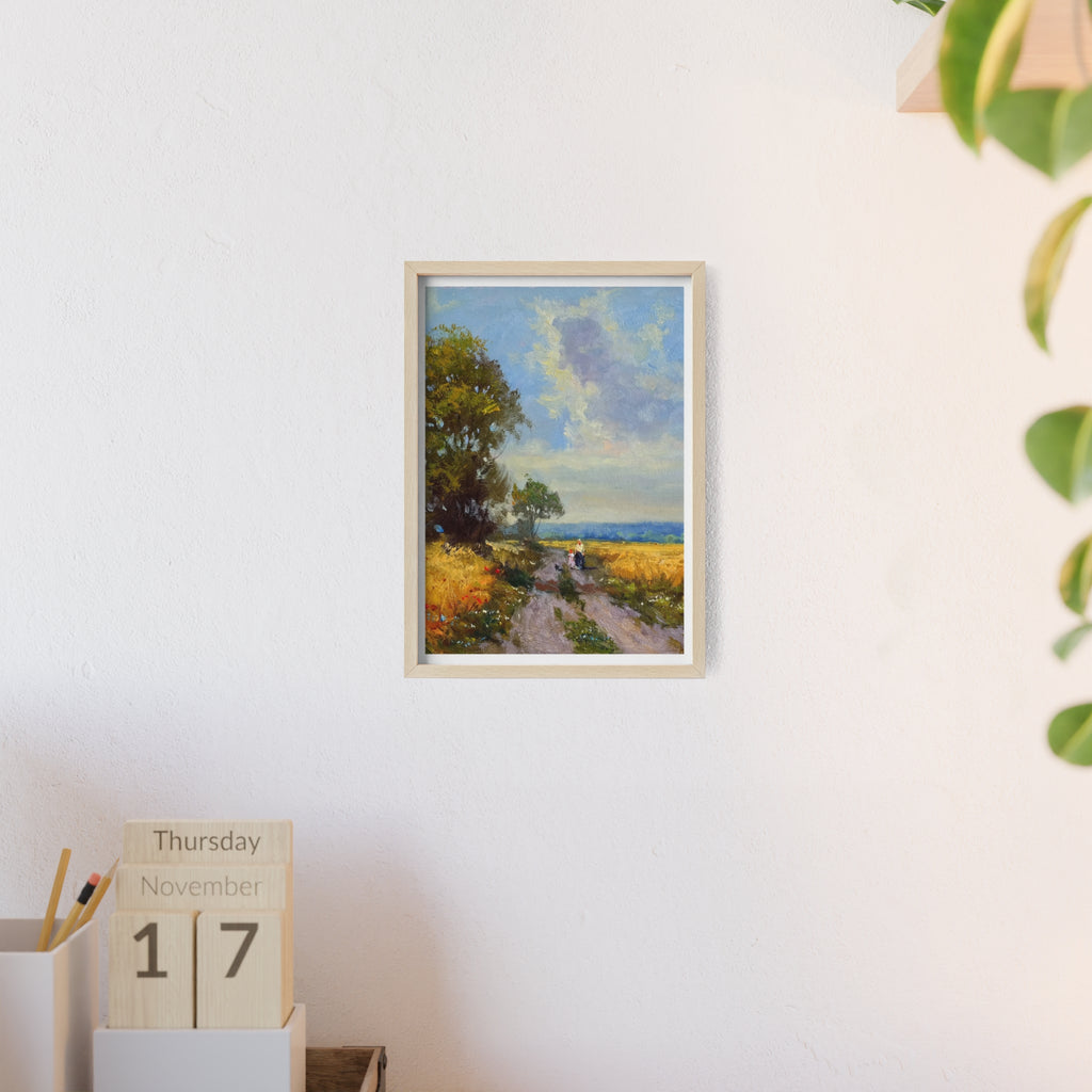 Framed Countryside Landscape Poster — Rustic Wooden Frame Wall Art