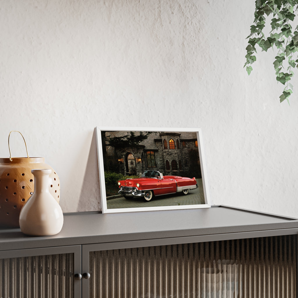 Vintage Red Convertible Poster with Wooden Frame — Classic Car Wall Art