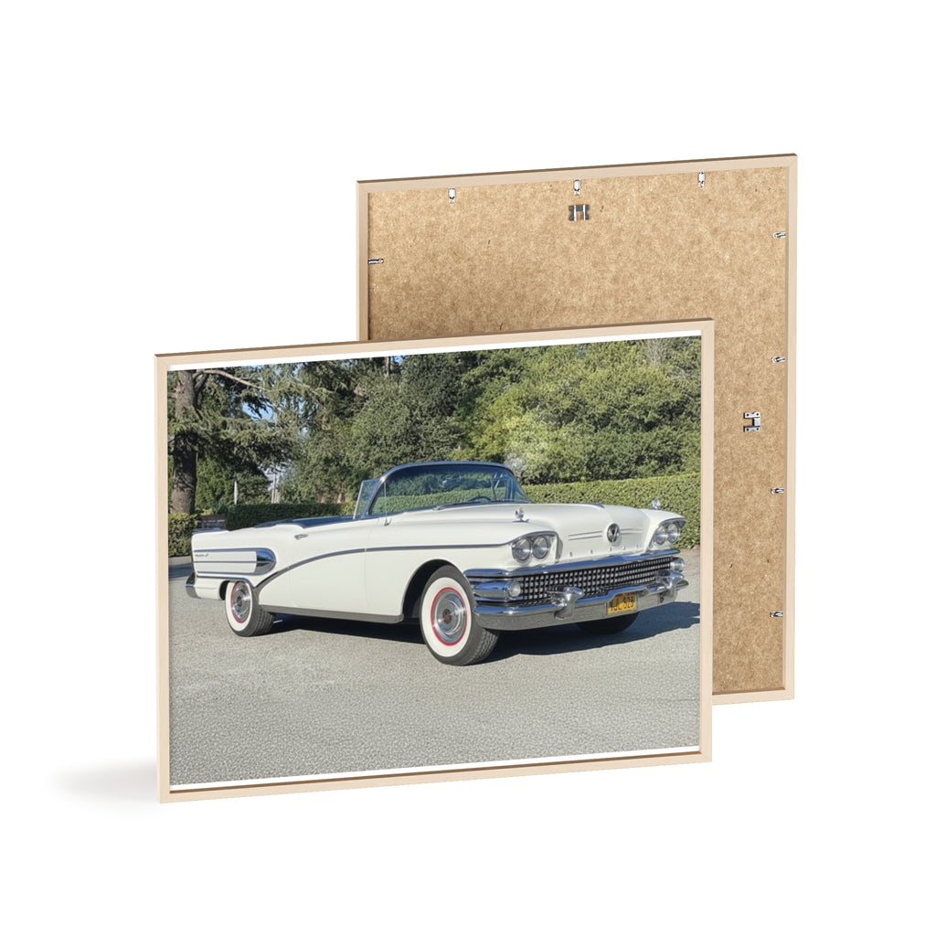 Classic White Convertible Car Poster with Wooden Frame — Vintage Auto Wall Art