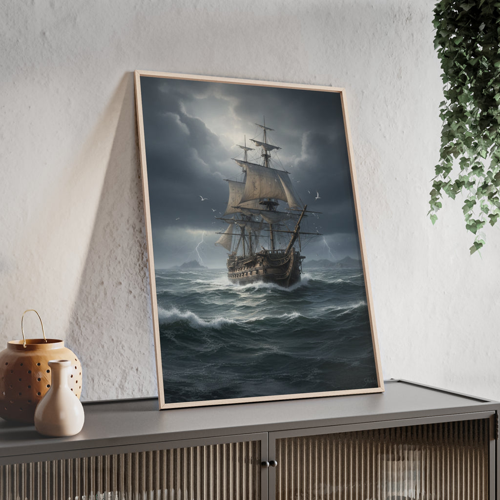 Framed Stormy Sea Ship Poster — Nautical Wall Art with Wooden Frame
