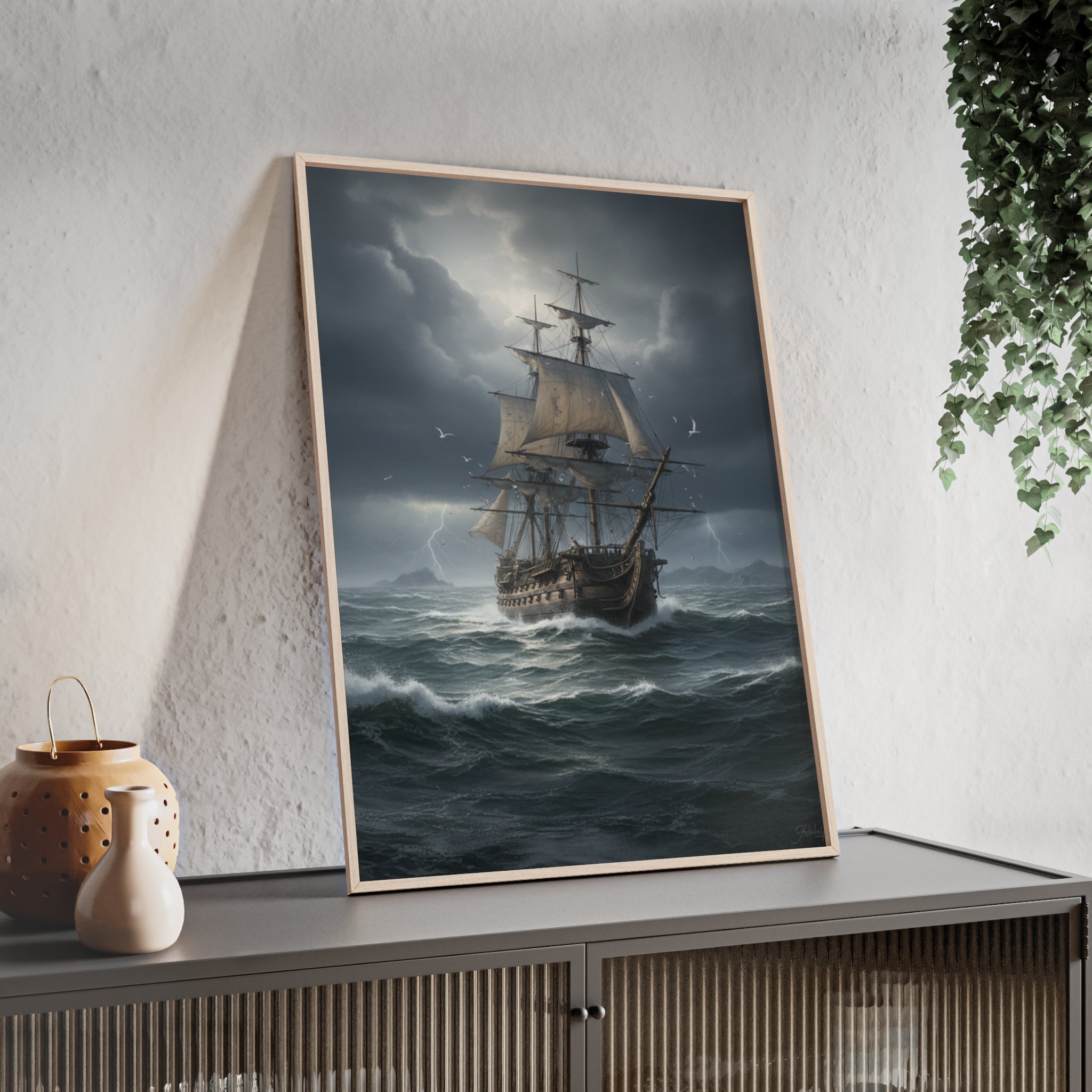 Framed Stormy Sea Ship Poster — Nautical Wall Art with Wooden Frame
