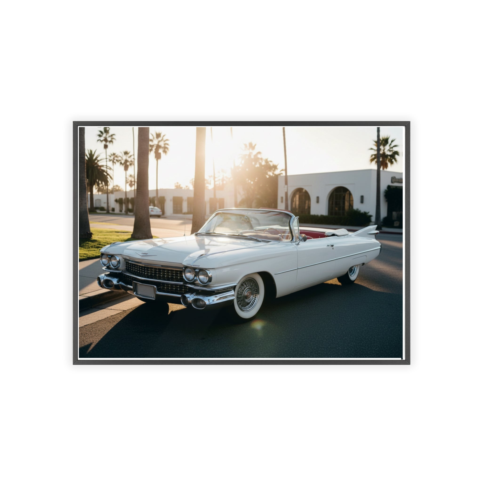 Vintage Cadillac Convertible Poster with Wooden Frame — Retro Palm Trees Sunset Wall Art