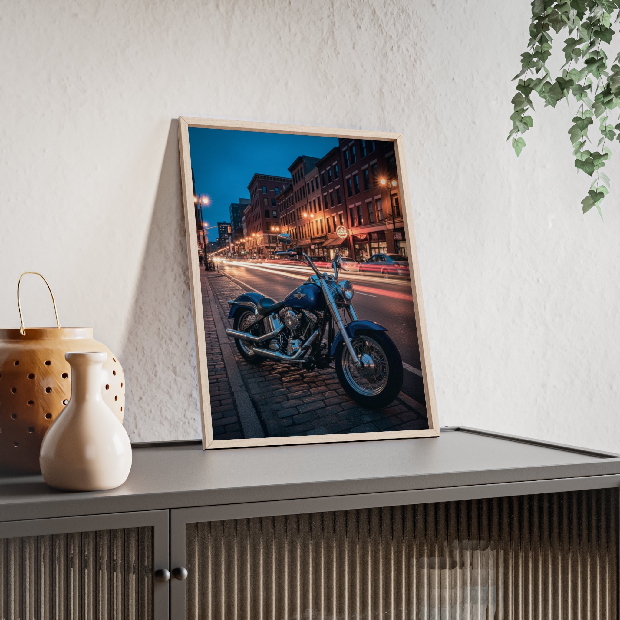 Framed Motorcycle Poster — Night City Street Bike Wall Art