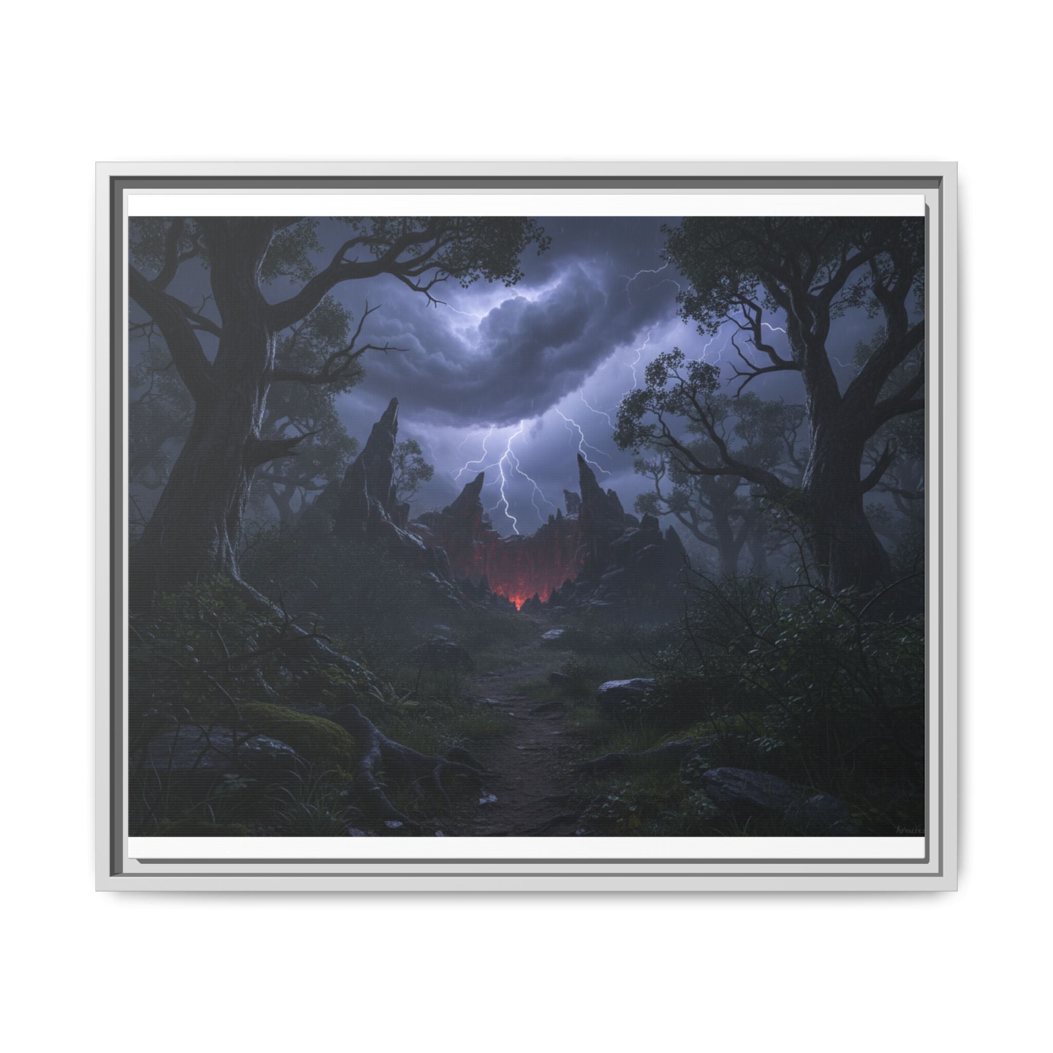 Dark Storm Forest Framed Canvas Print — Lightning, Haunted Castle Art