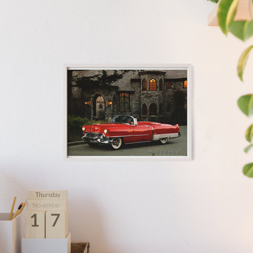 Vintage Red Convertible Poster with Wooden Frame — Classic Car Wall Art