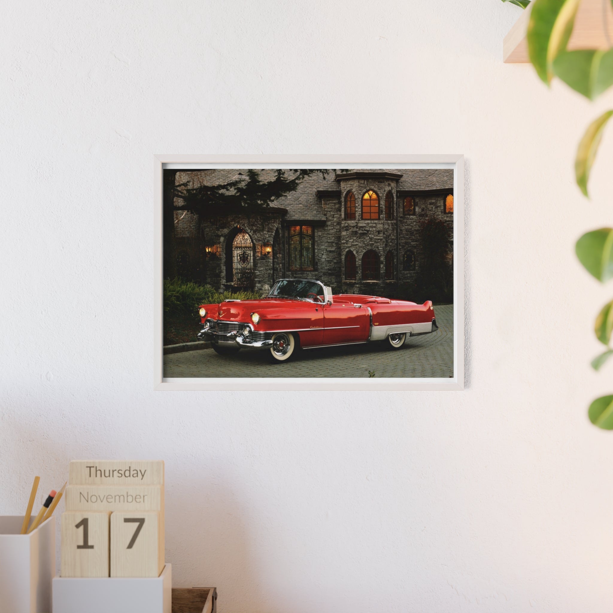 Vintage Red Convertible Poster with Wooden Frame — Classic Car Wall Art