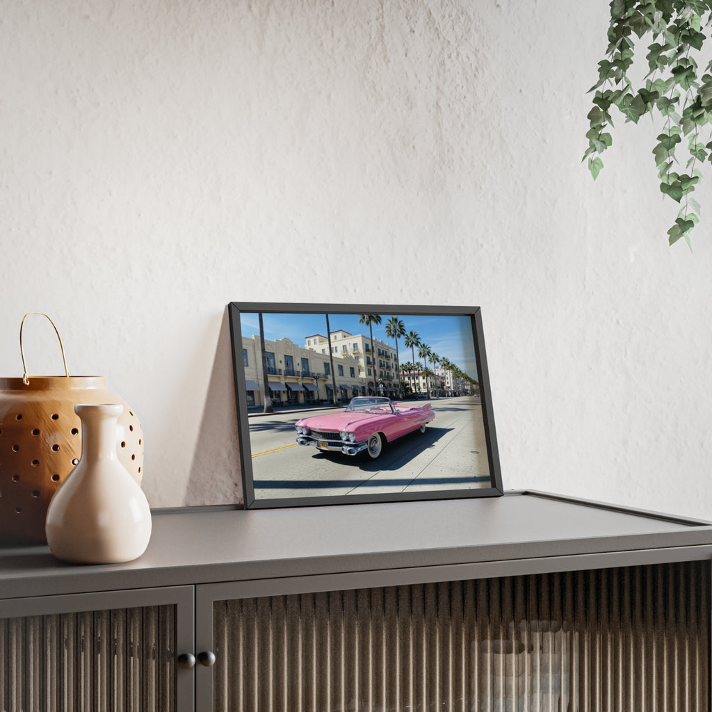 Retro Pink Cadillac Poster with Wooden Frame — Vintage Palm-Drive Wall Art
