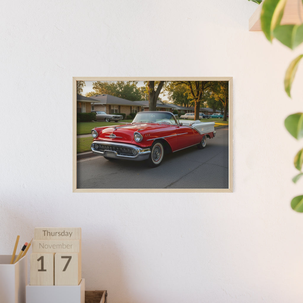 Vintage Red Convertible Poster with Wooden Frame — Classic Car Wall Art