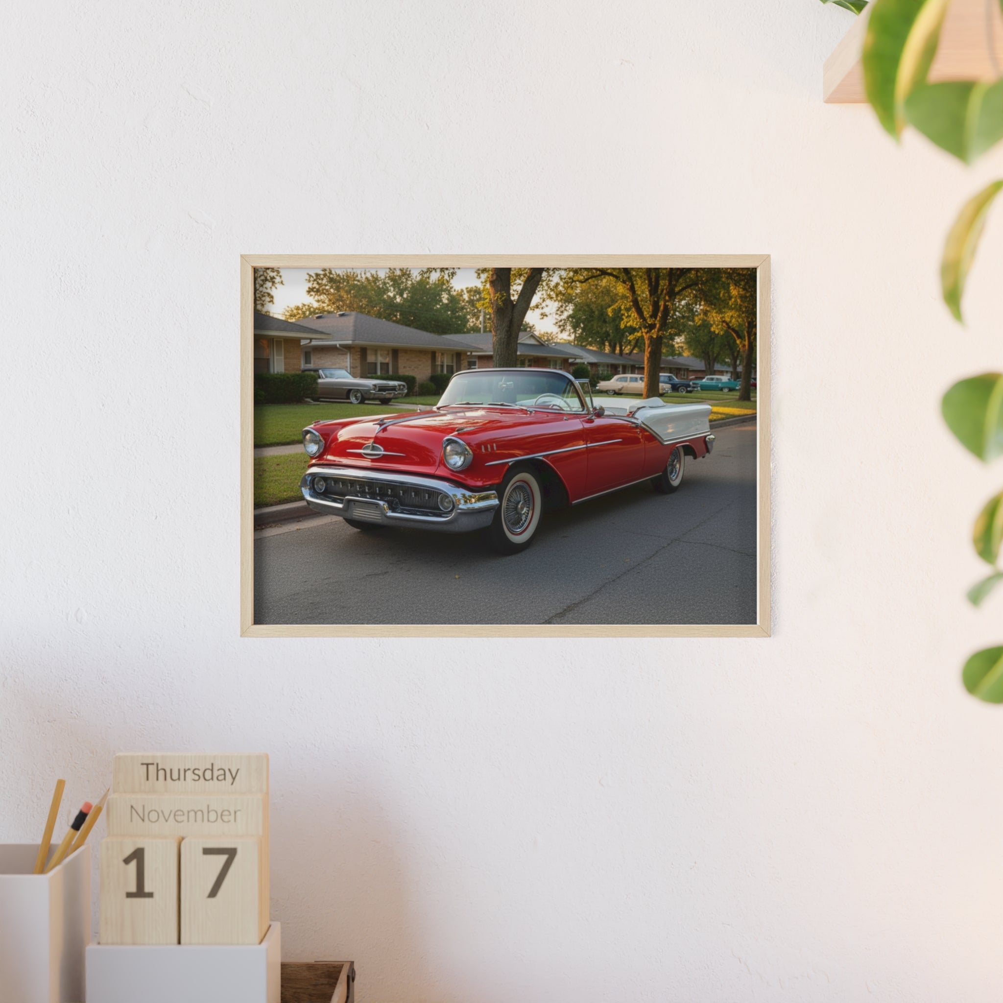 Vintage Red Convertible Poster with Wooden Frame — Classic Car Wall Art