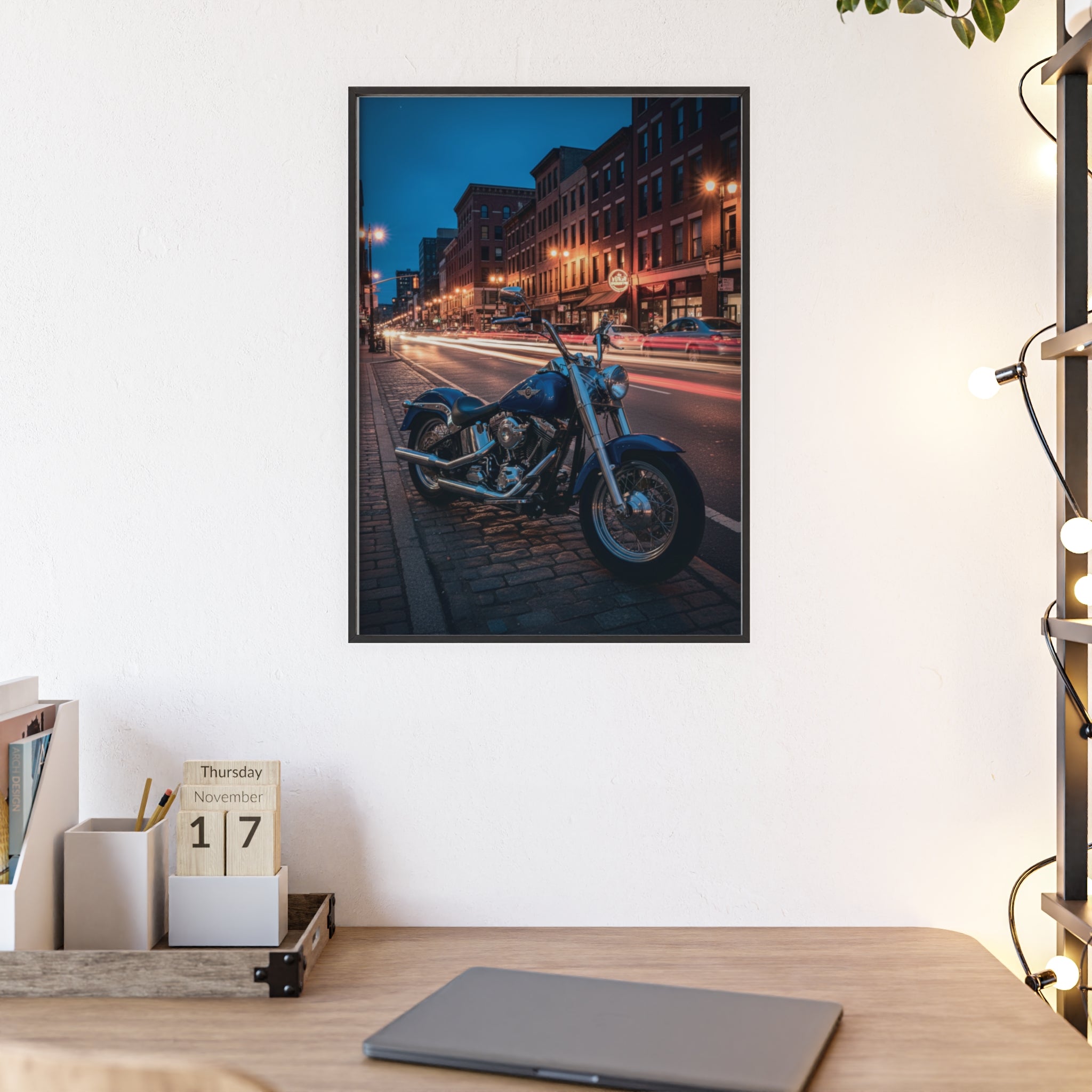 Framed Motorcycle Poster — Night City Street Bike Wall Art