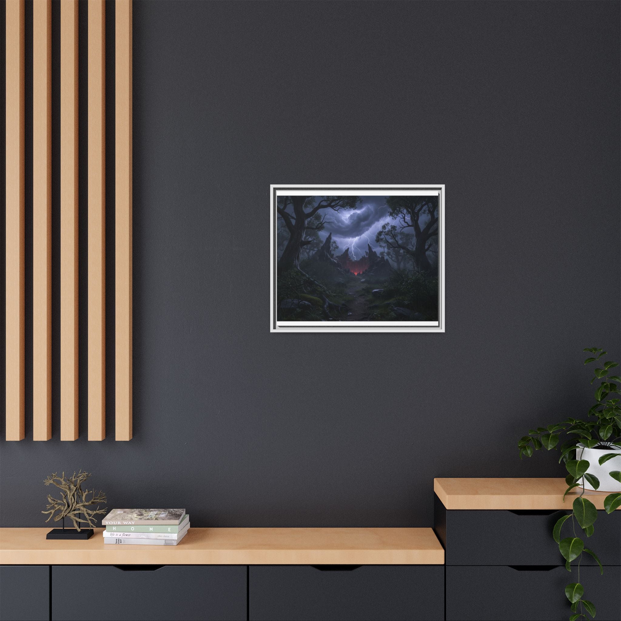 Dark Storm Forest Framed Canvas Print — Lightning, Haunted Castle Art