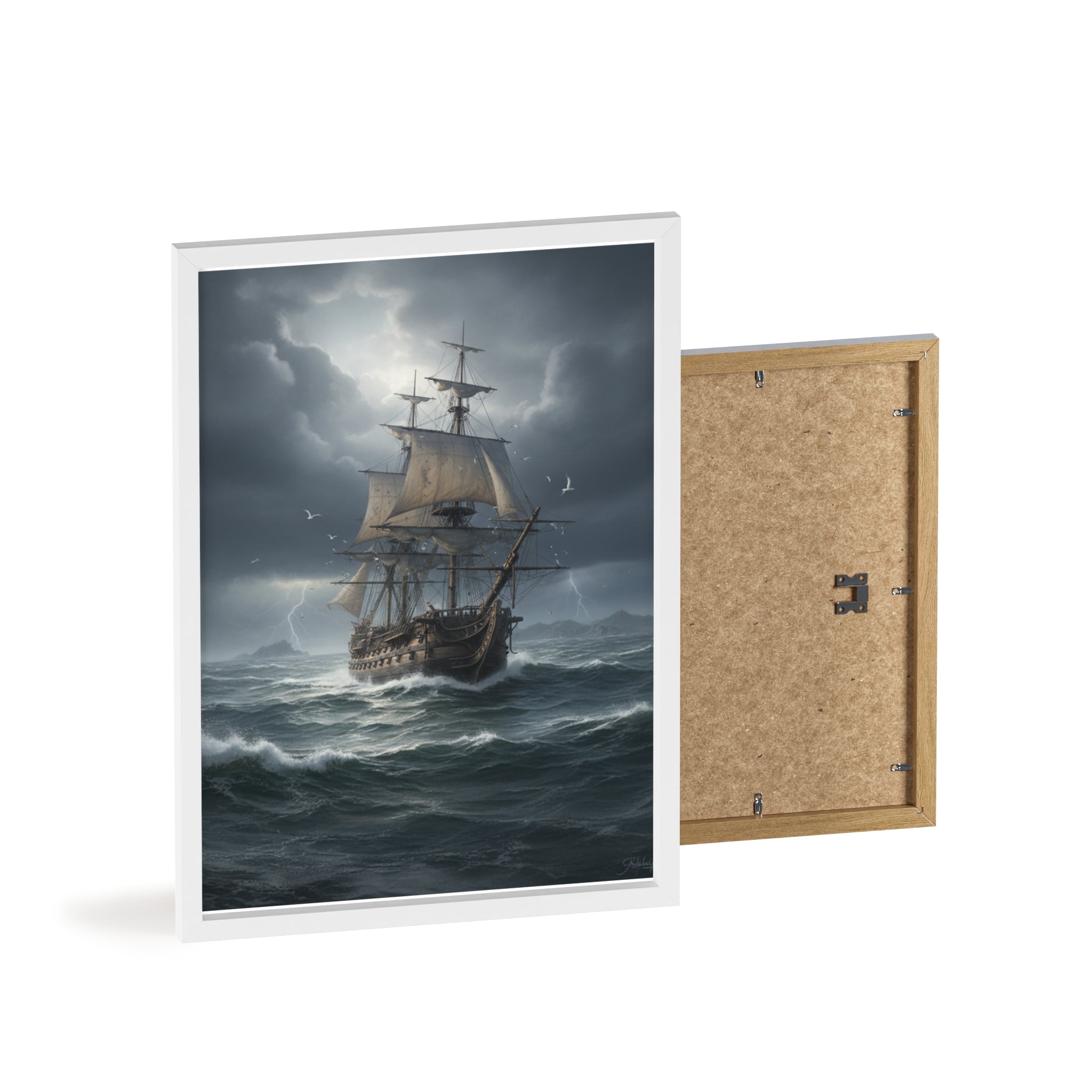 Framed Stormy Sea Ship Poster — Nautical Wall Art with Wooden Frame