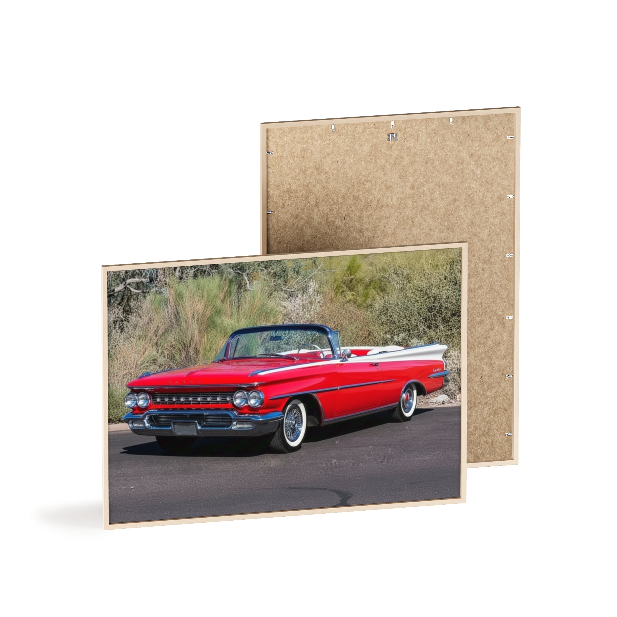Vintage Red Convertible Car Poster with Wooden Frame — Classic Auto Wall Art
