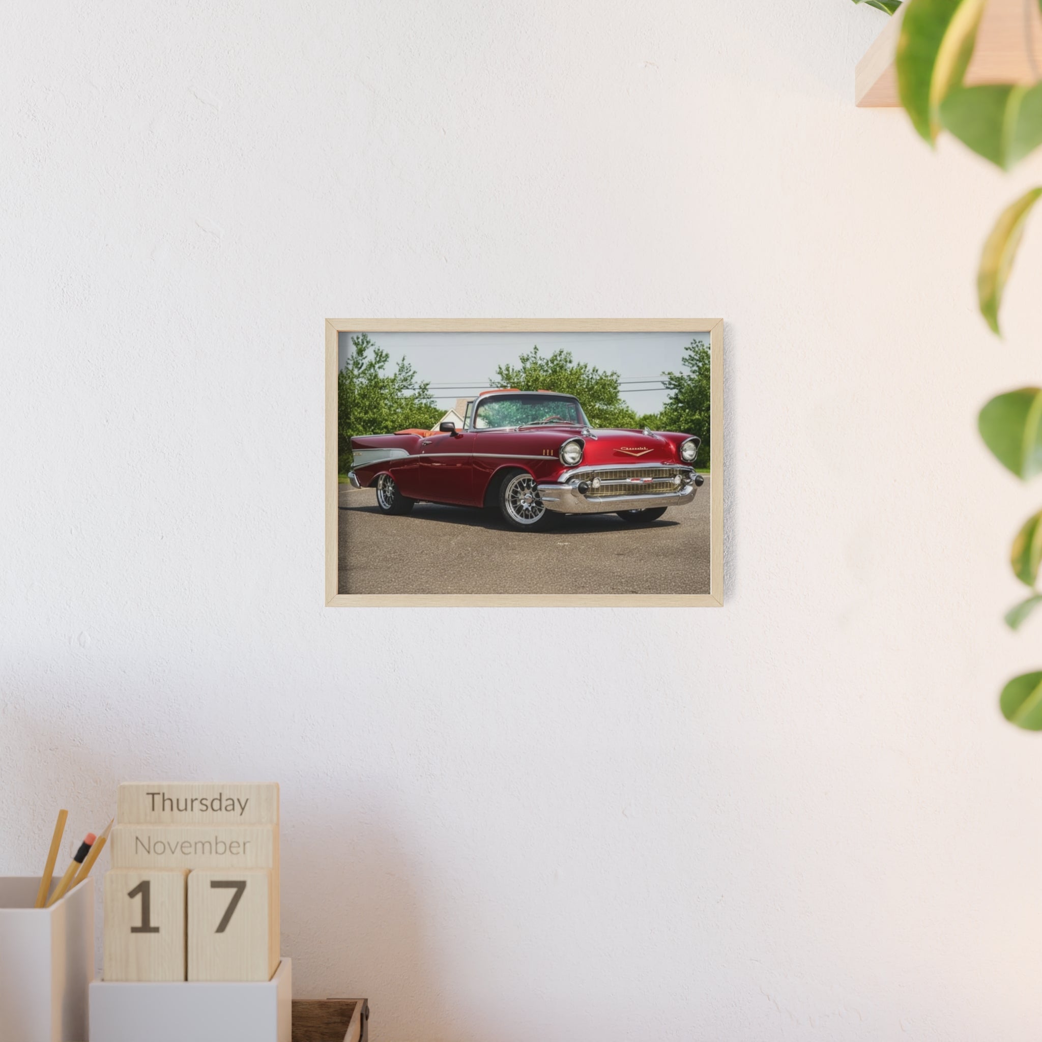Vintage Red Classic Car Poster with Wooden Frame — Retro Automotive Wall Art