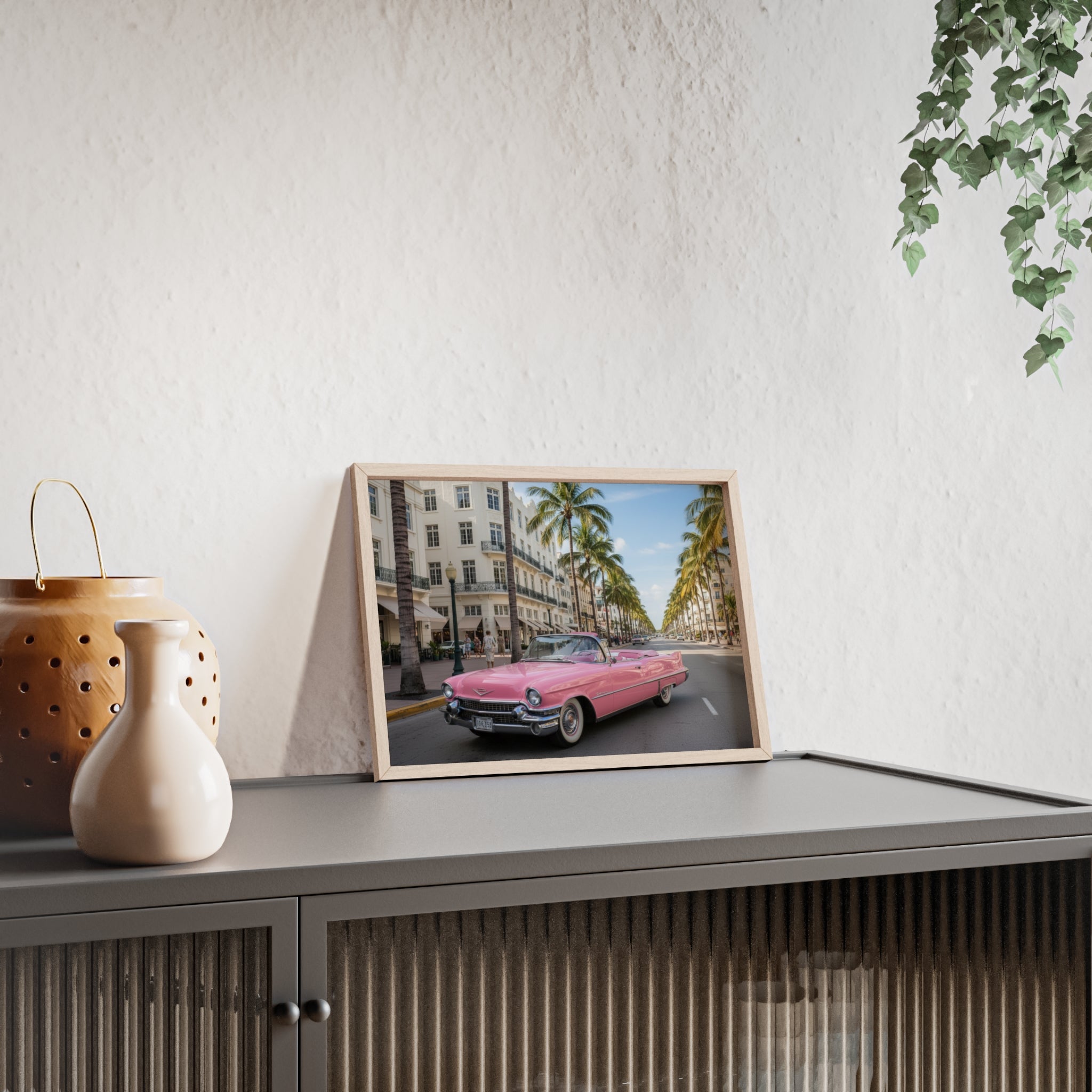 Vintage Pink Cadillac Wall Poster with Wooden Frame — Retro Miami Palm Street Photography