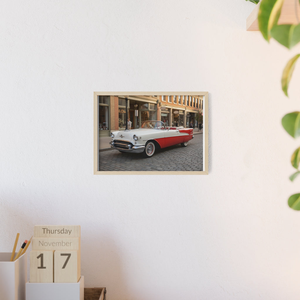 Vintage Red & White Convertible Poster with Wooden Frame — Retro Car Wall Art